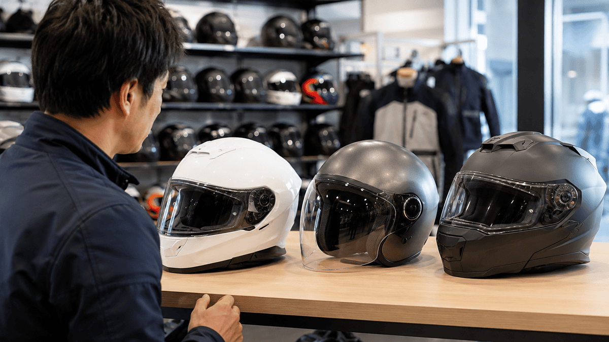 バイク用品店でフルフェイス・ジェット・システムヘルメットを比較する日本人ライダー