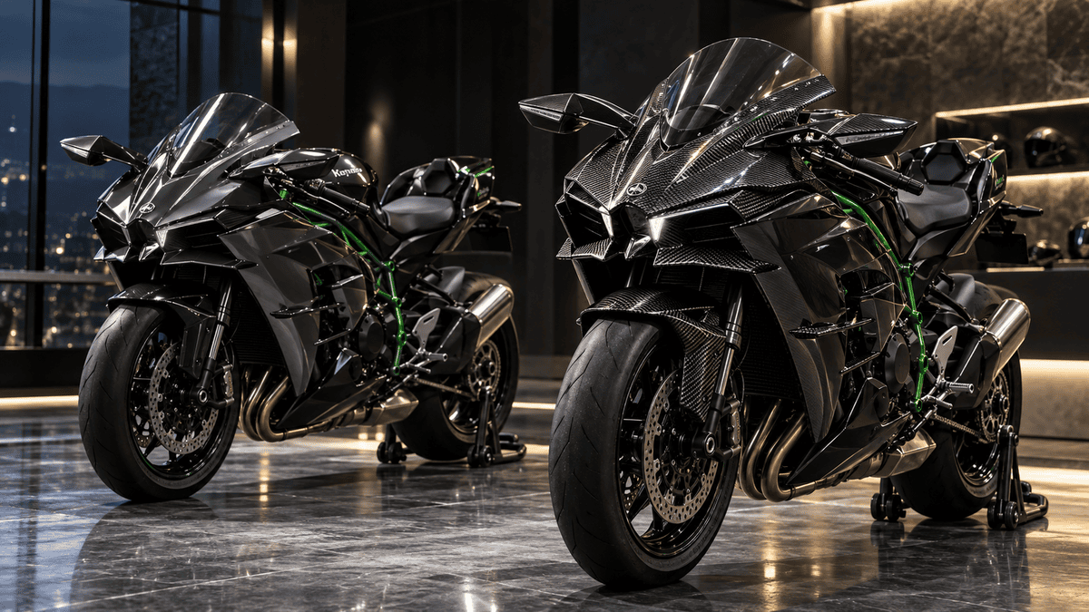 Ninja H2 Carbonの違いは?新型418万円と中古相場を比較 黒い通常のNinja H2とカーボン調のアッパーカウルを備えたNinja H2 Carbonを並べた比較イメージ
