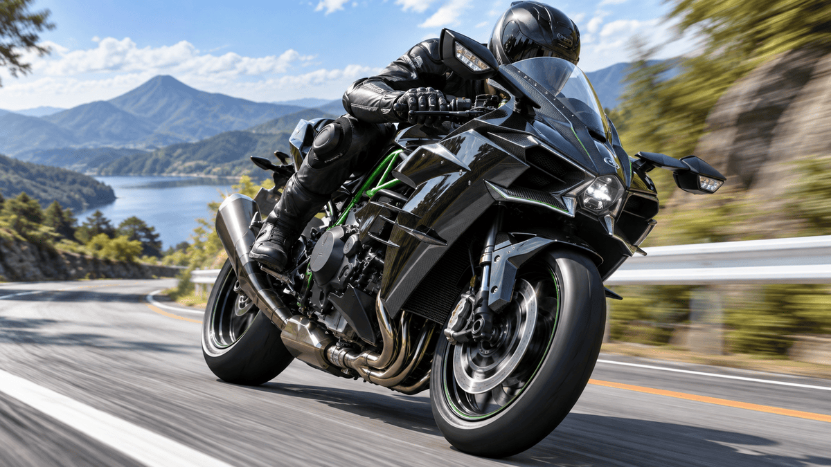 Ninja H2の馬力は何PS?年式別スペックと998ccエンジンを解説 山間のワインディングロードを走行する黒いNinja H2 Carbonをイメージしたバイクとライダー