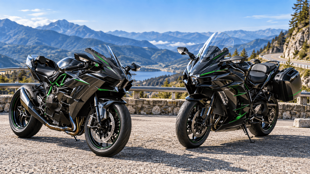 Ninja H2とH2 SXの違いは?馬力・価格・ツーリング性能を比較 山間部の展望駐車場に並ぶNinja H2 Carbonと、パニアケースを装着したNinja H2 SX SEの比較イメージ