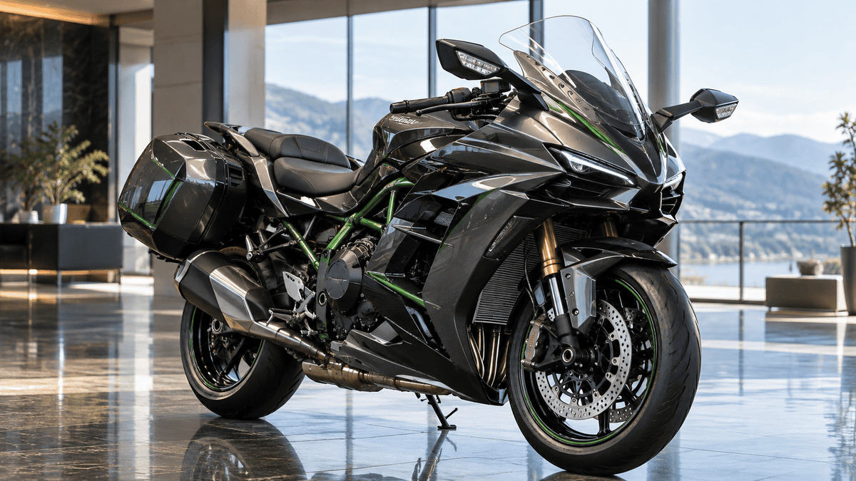 Ninja H2 SX SE 2027年型|価格・発売日と変更点 高級ショールームに展示されたNinja H2 SX SE 2027年型をイメージしたブラックとグレーのスポーツツアラー