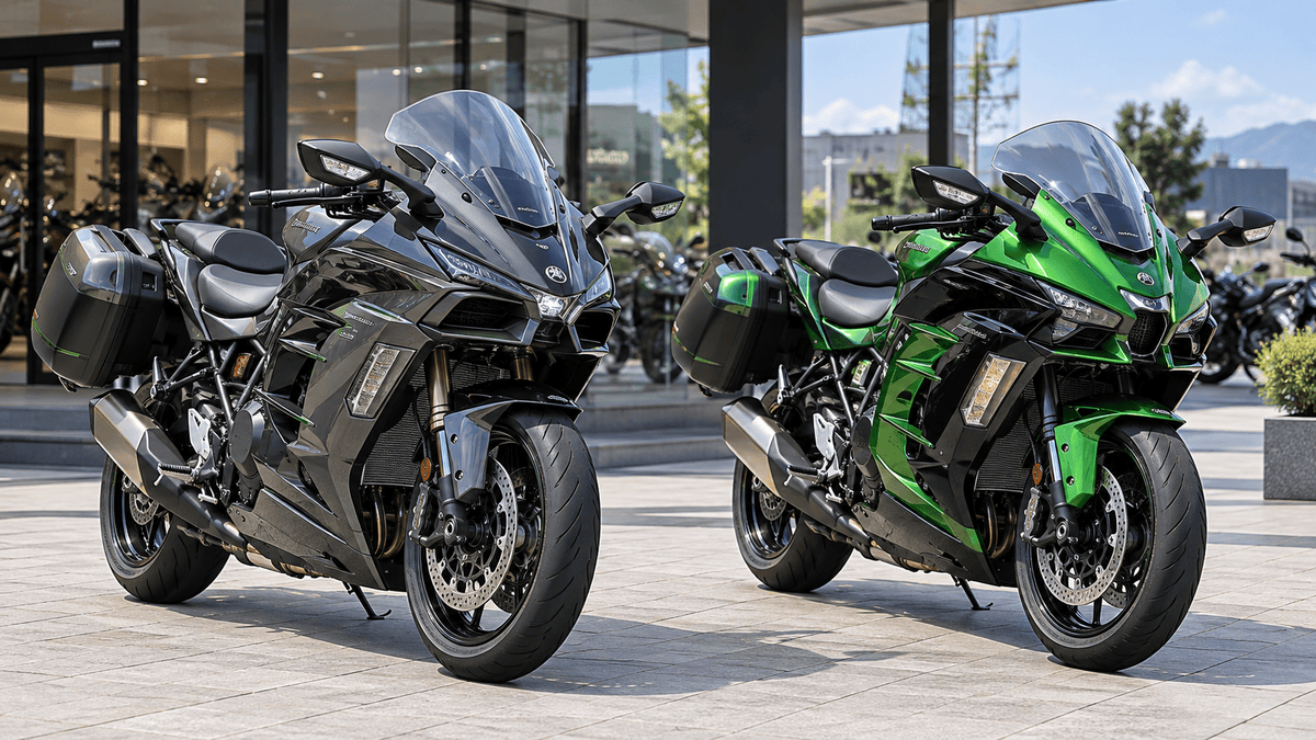 Ninja H2 SX/SEの値段は?新車価格と中古相場・買い得な年式 新型Ninja H2 SX SEをイメージした黒い車両と旧型Ninja H2 SXをイメージした緑色の車両を並べた比較画像