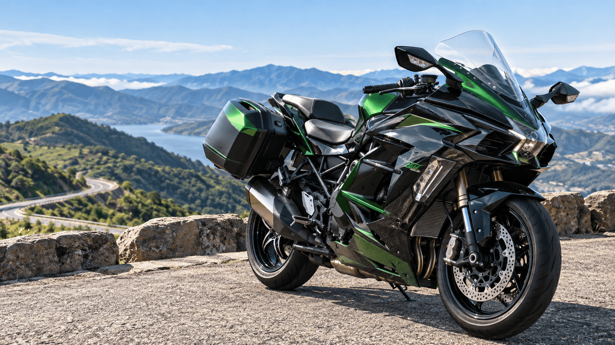 Ninja H2 SXとSEの違いは?SE+・年式別装備と中古の選び方 山岳展望台に停車したNinja H2 SX SEを斜め前方から捉えたアイキャッチ画像