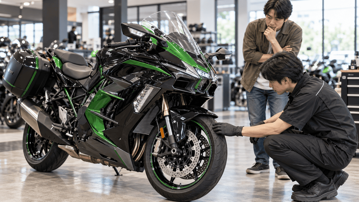 バイク販売店でNinja H2 SXをイメージした車両のフロントタイヤや足回りを確認するスタッフと購入検討者