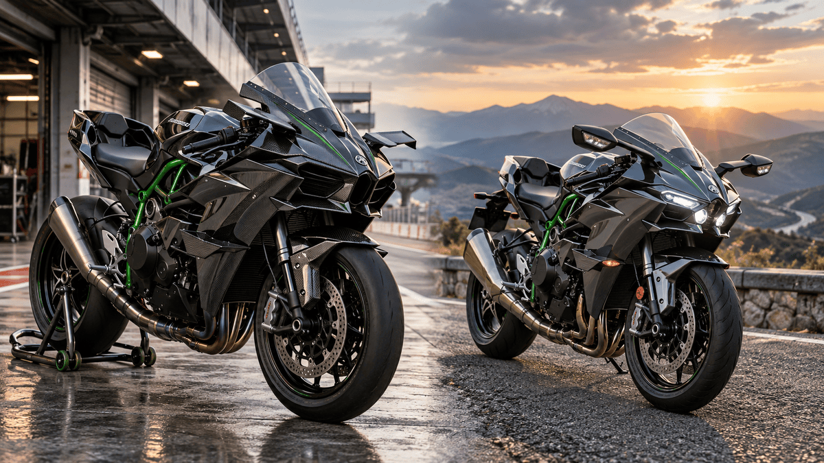 サーキットに停車したNinja H2Rと山道沿いに停車した公道用Ninja H2を左右に並べた比較イメージ